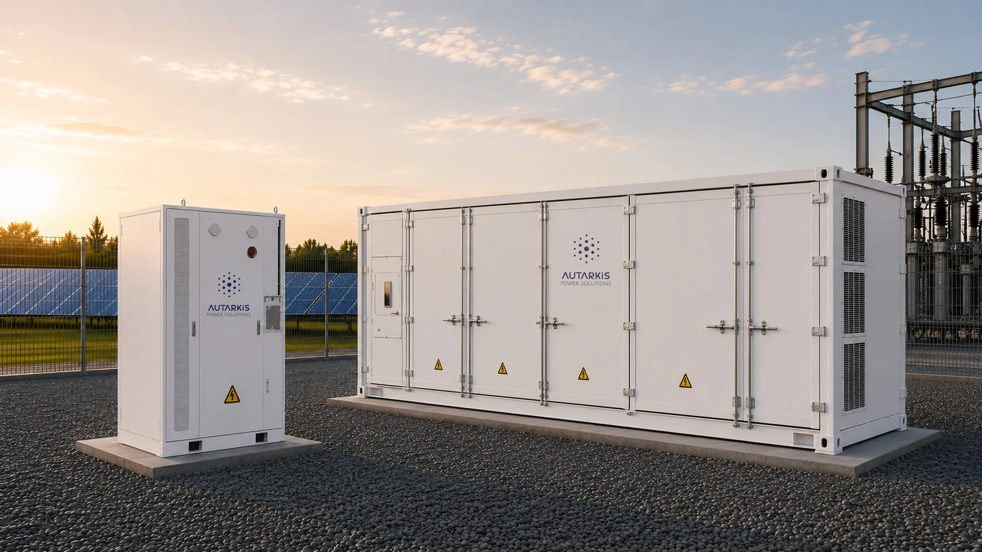 Batteriespeicher und Wechselrichter mit Autarkis-Branding vor Photovoltaik-Feld und Umspannwerk